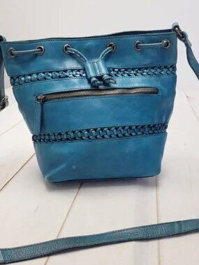 Vilenca Holland Turquoise blue leather purse woven bucket crossbody bag
